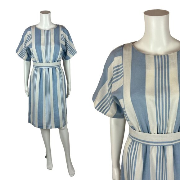 Vintage 80s Striped Dress Women's XS Powder Blue Stripes Faux Linen Slouchy - Picture 1 of 10